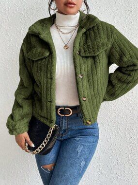 Army Green Casual Women's Long Sleeve Fluffy Jacket